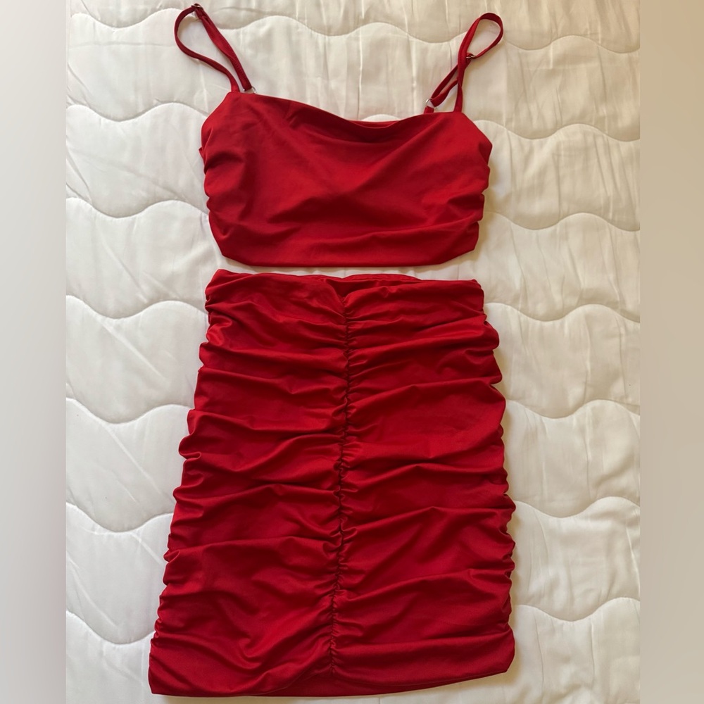 Red 2 piece cropped tank top & Ruched Skirt Set size XS